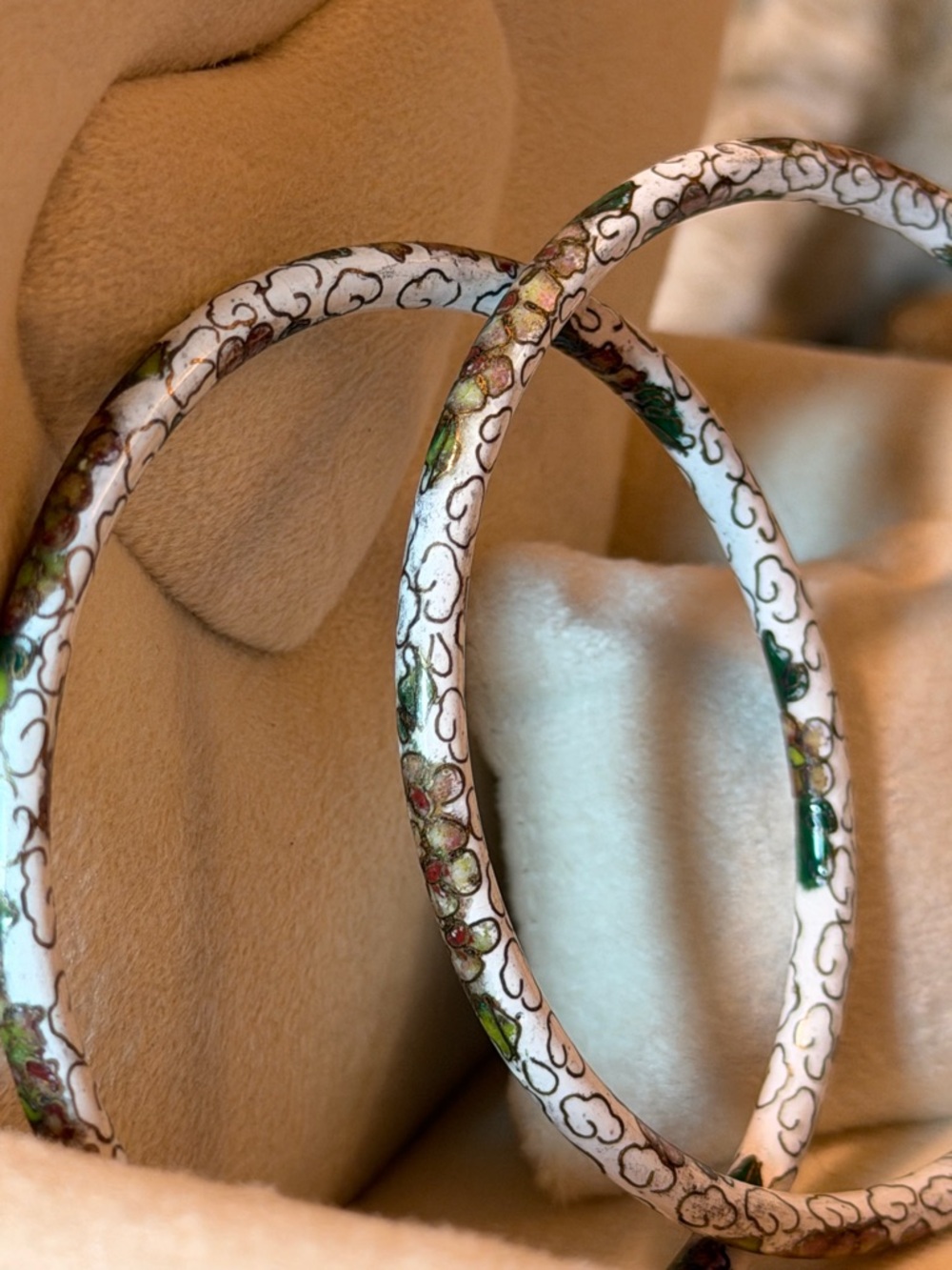 Vintage Cloisonné Floral Bangles- White, Green And Pink